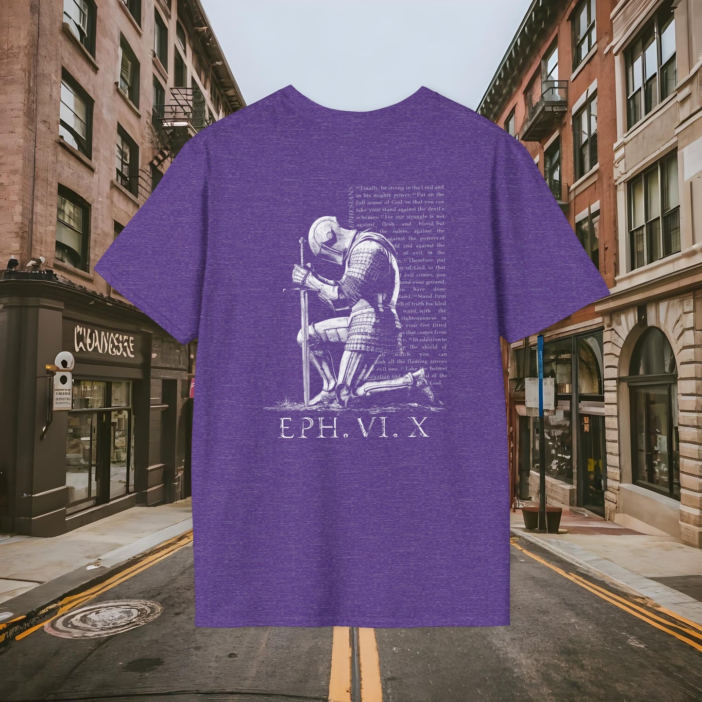 Praying Knight - Ephesians 6:10 - Armor of God - Inspirational Unisex Softstyle T-Shirt - Motivational Design