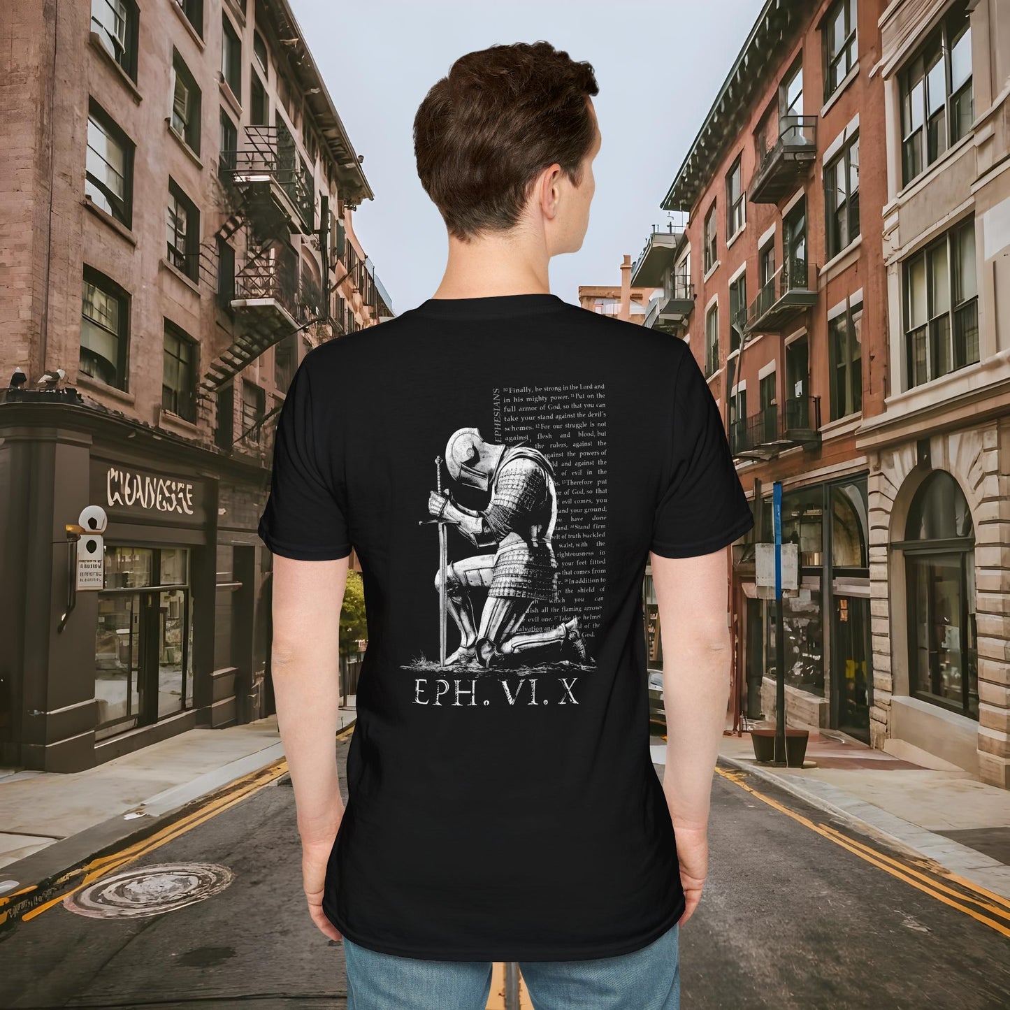 Praying Knight - Ephesians 6:10 - Armor of God - Inspirational Unisex Softstyle T-Shirt - Motivational Design