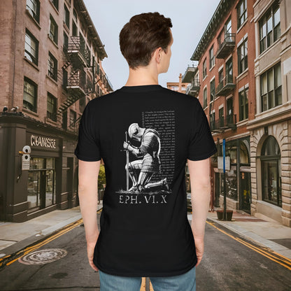 Praying Knight - Ephesians 6:10 - Armor of God - Inspirational Unisex Softstyle T-Shirt - Motivational Design