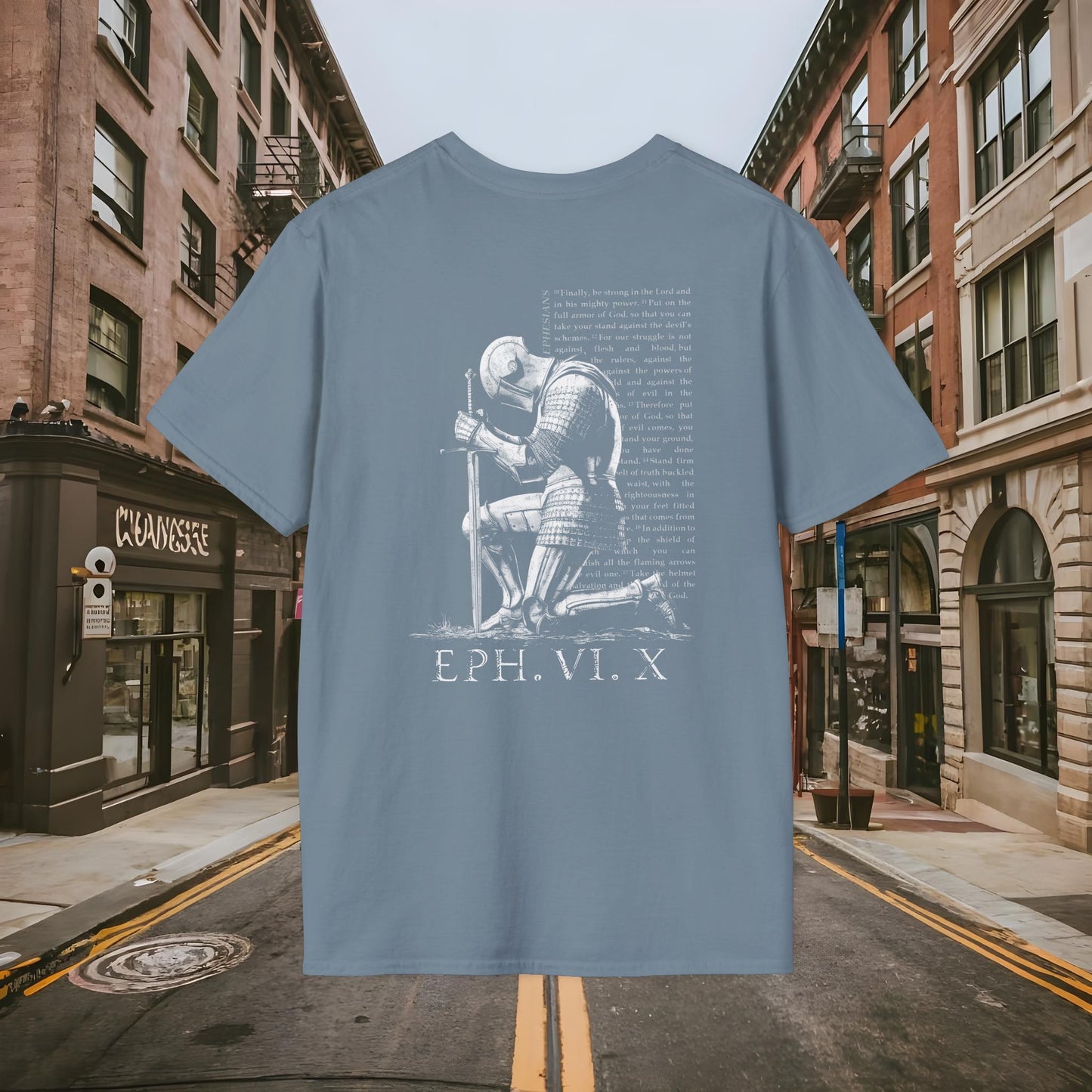 Praying Knight - Ephesians 6:10 - Armor of God - Inspirational Unisex Softstyle T-Shirt - Motivational Design