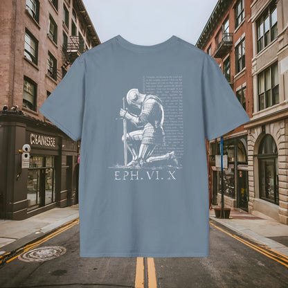 Praying Knight - Ephesians 6:10 - Armor of God - Inspirational Unisex Softstyle T-Shirt - Motivational Design