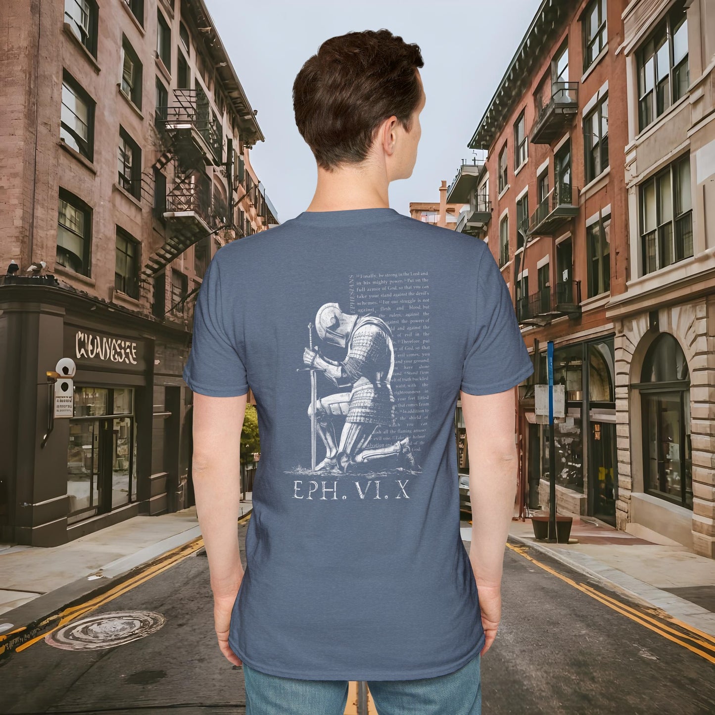 Praying Knight - Ephesians 6:10 - Armor of God - Inspirational Unisex Softstyle T-Shirt - Motivational Design