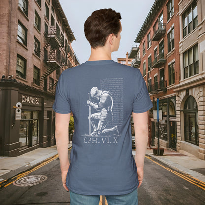 Praying Knight - Ephesians 6:10 - Armor of God - Inspirational Unisex Softstyle T-Shirt - Motivational Design
