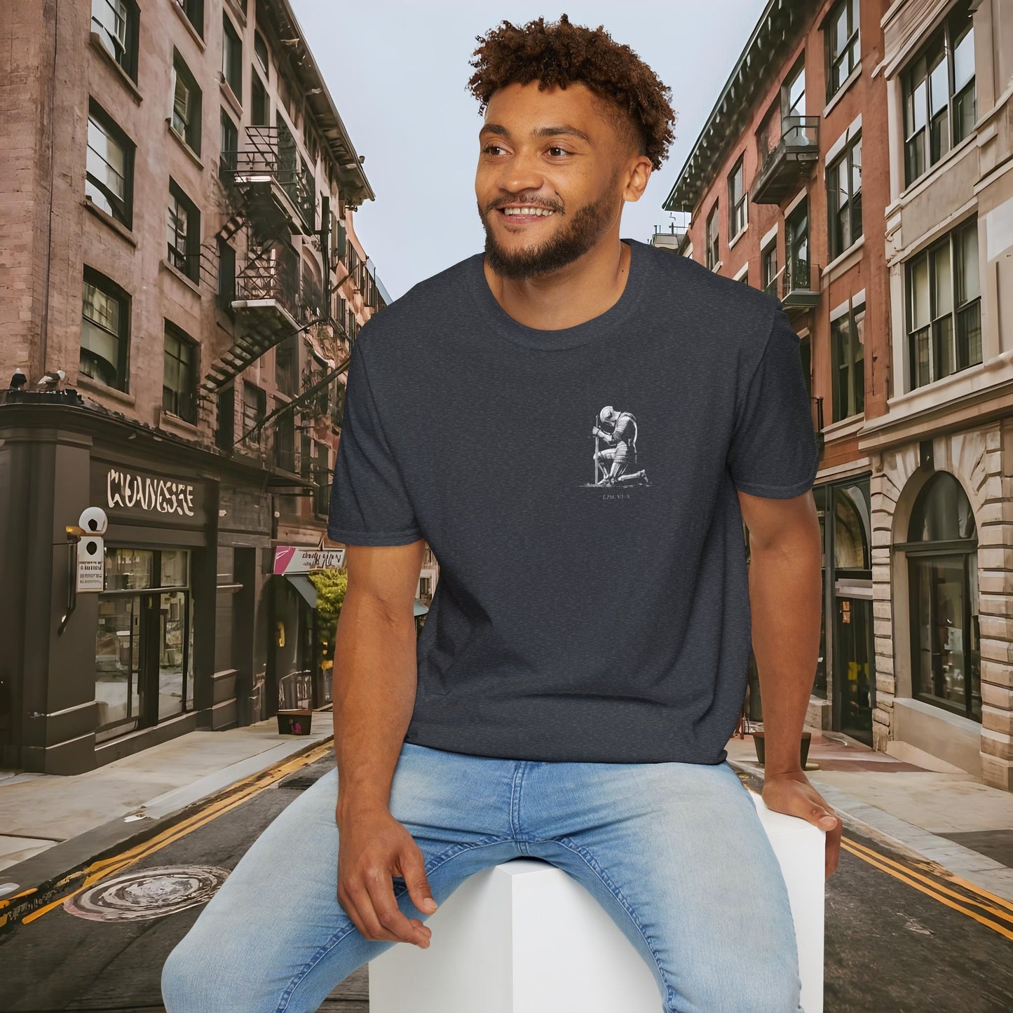 Praying Knight - Ephesians 6:10 - Armor of God - Inspirational Unisex Softstyle T-Shirt - Motivational Design